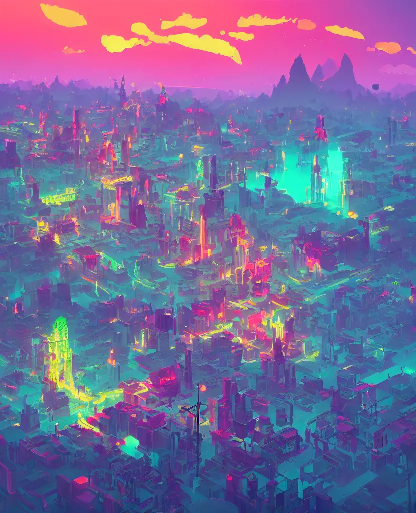 Image similar to detailed concept art of a DMT city in a fantastic landscape against a colorful sky by Anton Fadeev and Simon Stålenhag