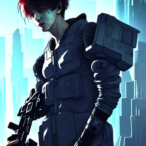 Image similar to Cyberpunk, sci-fi Jungkook holding a gun. alien planet art by Akihito Yoshitomi AND Yoji Shinkawa AND Greg Rutkowski, Mark Arian trending on artstation