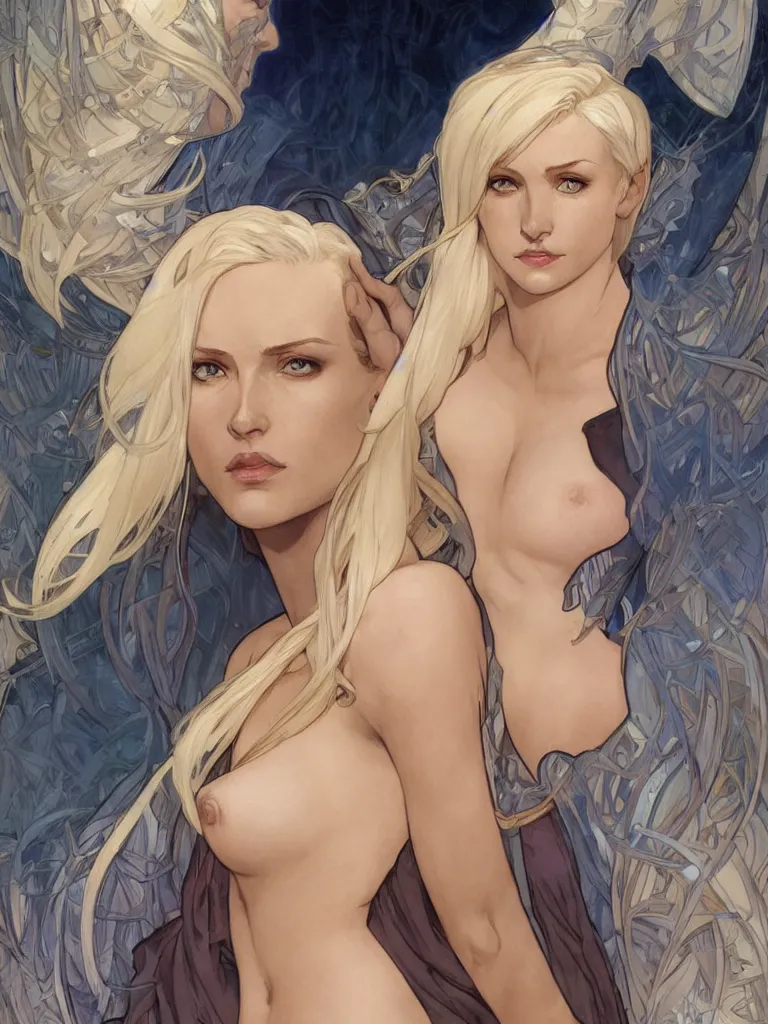 Prompt: portrait of emma frost, a beautiful woman in her 3 0 s, with white blonde hair and blue eyes, symmetrical face, detailed face, delicate features, smooth, sharp focus, illustration, art by artgerm and greg rutkowski and alphonse mucha,