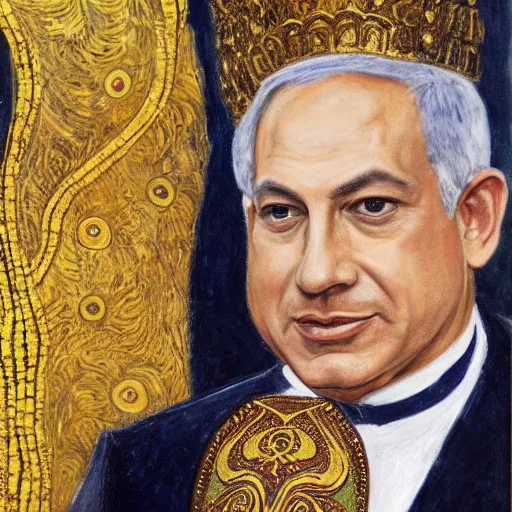 Prompt: a portrait of benjamin netanyahu wearing golden ornate robe, earings, necklace, jewels, by gustave klimt