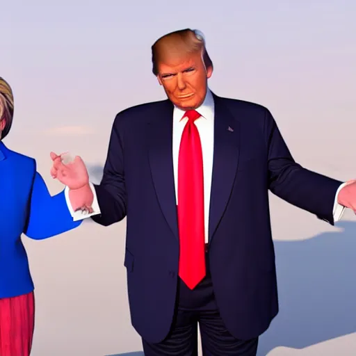 Image similar to Donald trump with Hillary Clinton body, realistic artstyle, wide shot, dramatic lighting, octane render, hyperrealistic, high quality, highly detailed, HD, beautiful, cinematic, 8k, unreal engine, facial accuracy, symmetrical