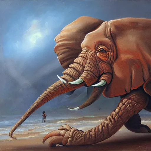 Image similar to elephant - crab creature, oil painting by justin gerard