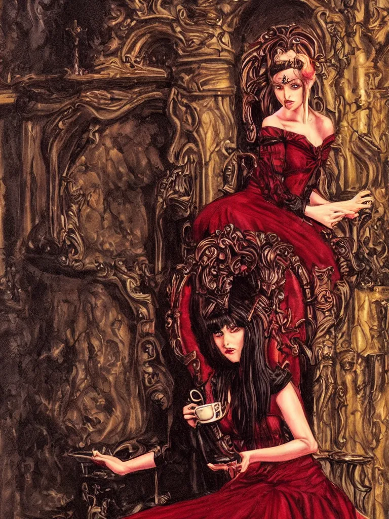 Prompt: beautiful dark young princess in style of gerald brom, very dark red dress, black hair in braids, sitting on an ornate throne, drinking coffee with a dark room behind her, and a fireplace