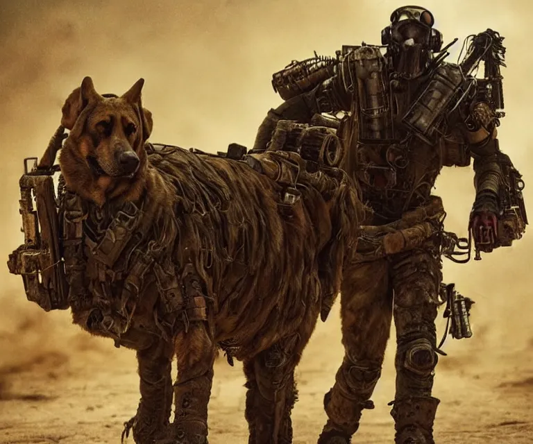 Image similar to a good ol'bloodhound dog fursona ( from the furry fandom ), heavily armed and armored facing down armageddon in a dark and gritty version from the makers of mad max : fury road. witness me.