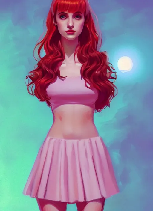 Image similar to full body portrait of teenage cheryl blossom, bangs, green eyes, sultry expression, red hair, sultry smirk, bangs and wavy hair, pink skirt, bangs, intricate, elegant, glowing lights, highly detailed, digital painting, artstation, concept art, smooth, sharp focus, illustration, art by wlop, mars ravelo and greg rutkowski