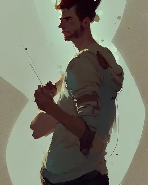 Image similar to portrait of beautiful male jon berntral by atey ghailan, by greg rutkowski, by greg tocchini, by james gilleard, by joe fenton, by kaethe butcher, dynamic lighting, gradient light blue, brown, blonde cream and white color scheme, grunge aesthetic