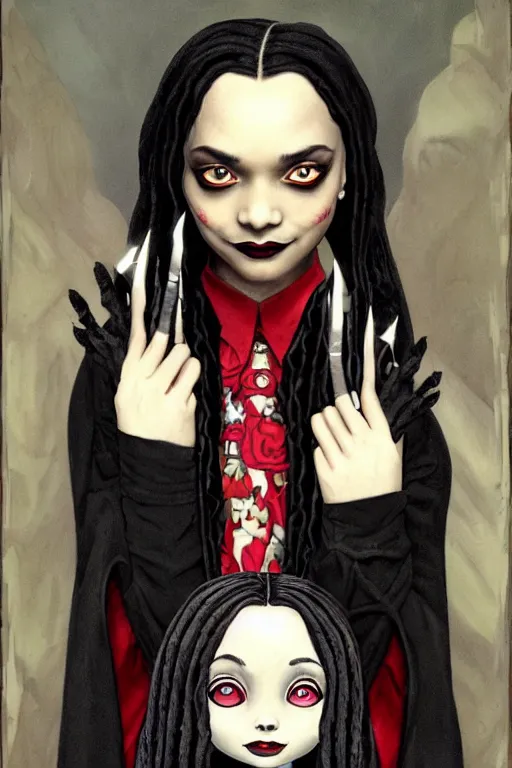 Image similar to beautiful cottagecore snoop dogg as Wednesday Addams holding a Coraline doll, Black Hair, Goth, gothic, castlevania, intricate, elegant, highly detailed, digital painting, artstation, concept art, smooth, sharp, focus, illustration, art by artgerm and greg rutkowski and alphonse mucha