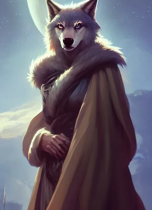 Prompt: beautiful portrait of a female anthro wolf fursona wearing jedi robes. character design by charlie bowater, ross tran, artgerm, and makoto shinkai, detailed, soft lighting, rendered in octane