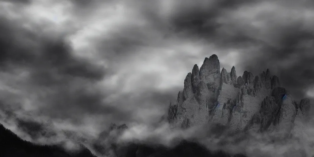 Image similar to dolomite mountain ripping through clouds, dolomites in background, dark, eerie, despair, portrait photography, artstation, adward winning, artstation, highly detailed, sharp focus, by caravaggio