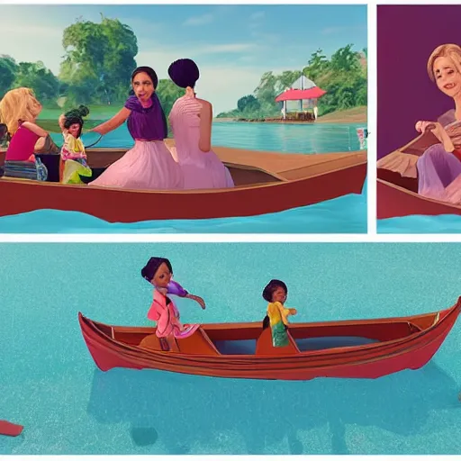 Image similar to the collage depicts a group of well - dressed women and children enjoying a leisurely boat ride on a calm day. the women are chatting and laughing while the children play with a toy boat in the foreground. storybook by patrick brown rendered in unrealengine