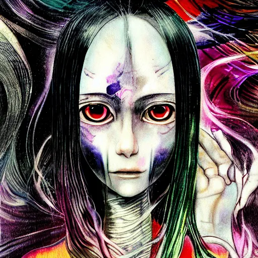 Prompt: yoshitaka amano realistic illustration of a sinister anime girl with black eyes and long wavy white hair wearing dress suit with tie and surrounded by abstract junji ito style patterns in the background, soft analogous colors, blurry and dreamy illustration, noisy film grain effect, highly detailed, oil painting with expressive brush strokes, weird portrait angle