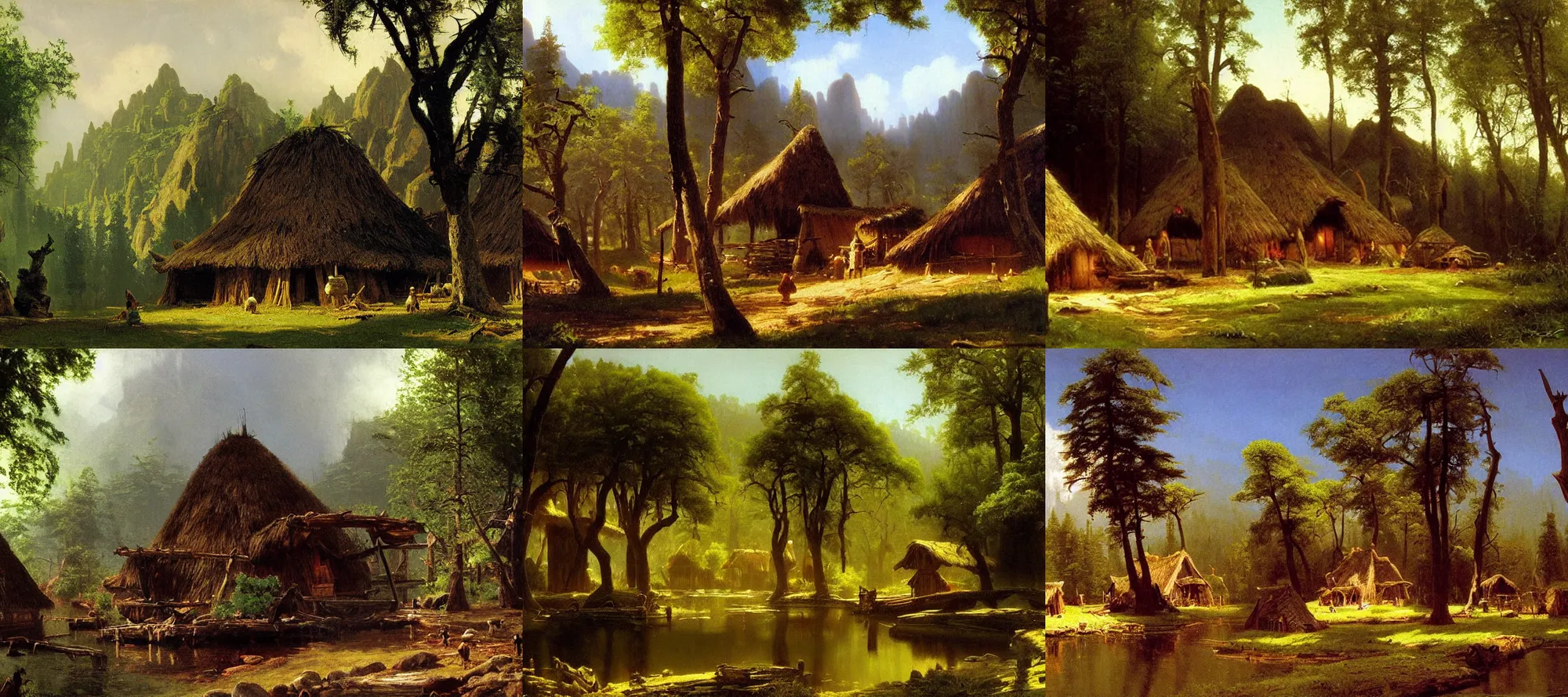 Prompt: ewok village painting by albert bierstadt