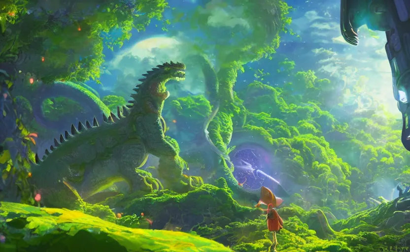 Image similar to a still of a cute adorable tiny astronaut, on a planet of lush colorful foliage, with an enormous kaiju dragon surrounding the full background, magical forest, sharp focus, neon backlit, highly detailed, disney pixar studio ghibli makoto shinkai, digital painting, matte, octane render, global illumination, iridescent, anime, 8 k concept art