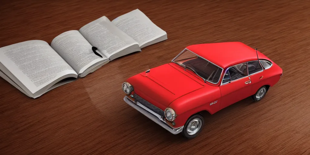 Image similar to a small miniature of a red Chevrolet Opala near a book and a pencil on a wooden table, hyperrealistic, concept art, octane render, unreal engine 5, path tracing, complementary colours, high quality, highly detailed, 4K, symmetrical, low contrast, centered, house interior background