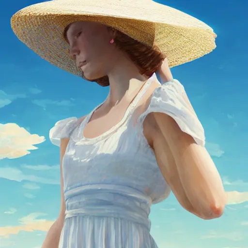 Image similar to girl in a white dress wearing sun straw hat looking at the bright blue sky with white sunny clouds digital art, highly detailed, intricate, by greg rutkowski, 8 k