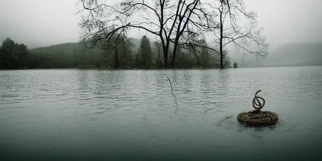 Image similar to symmetrical photograph of an infinitely long rope submerged on the surface of the water, the rope is snaking from the foreground towards the center of the lake, a dark lake on a cloudy day, trees in the background, moody, kodak colorf, anamorphic lens