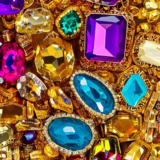 Prompt: piles of gold, colorful crystals and gems, and the most beautiful of all. canon, octane, high detail.