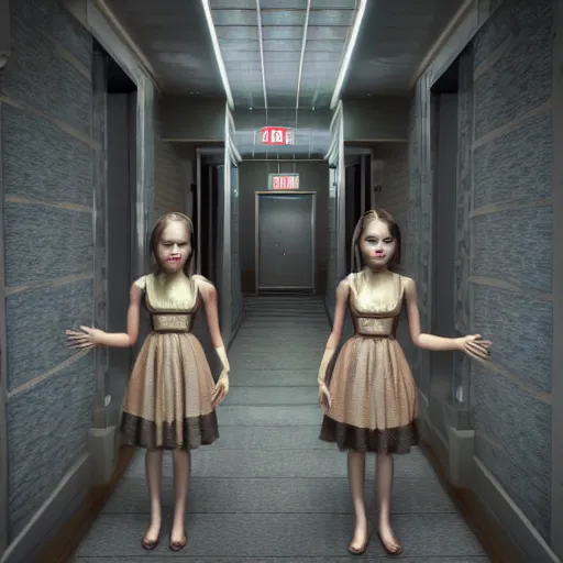 Image similar to twin girls standing at the end of a hotel hallway wearing dresses, 4 k, vintage, scary, scary movie, trending on artstation, uncanny valley