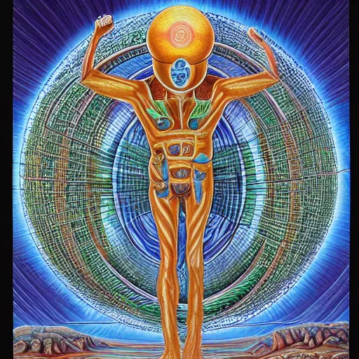 Prompt: atlas holding the world on his back by alex grey