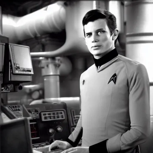 Prompt: young starfleet ensign working in the engine room, star trek, ds9