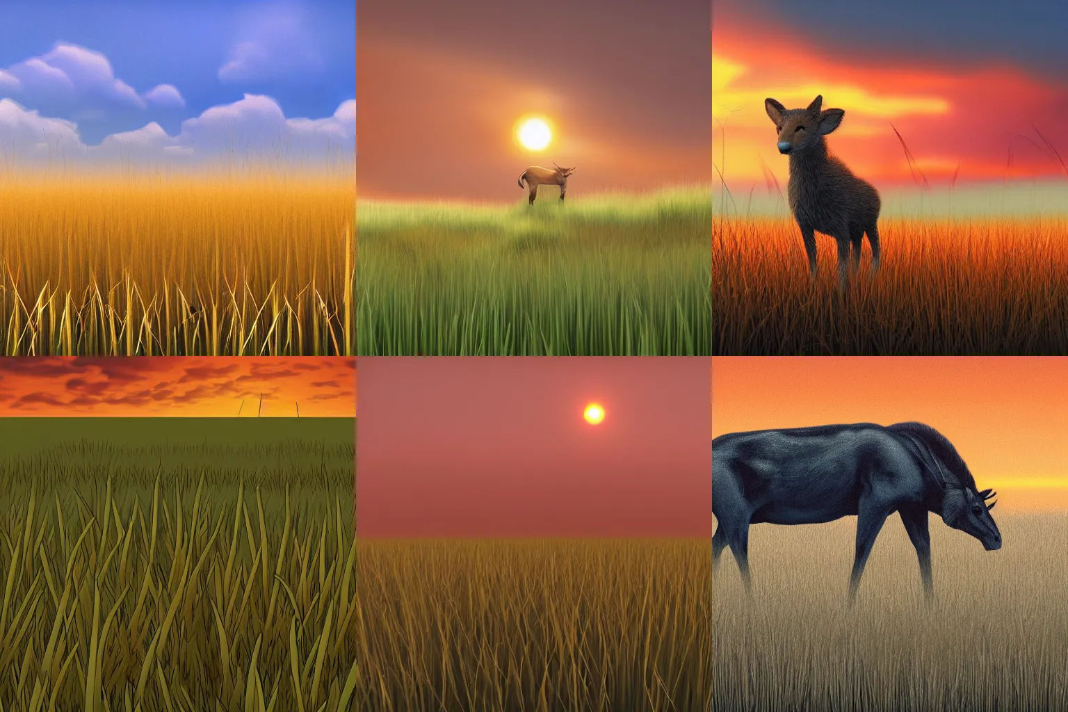 Prompt: An animal called Imag standing in a field of tall grass. It is very still, and blends in with the grass. It is waiting for prey to come close enough to catch. The sun is setting, and the sky is orange. Trending on artstation and deviantart.