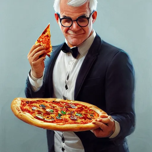 Image similar to portrait of Steve Martin eating pizza, highly detailed, digital painting, artstation, concept art, sharp focus, illustration, art by artgerm and greg rutkowski and alphonse mucha