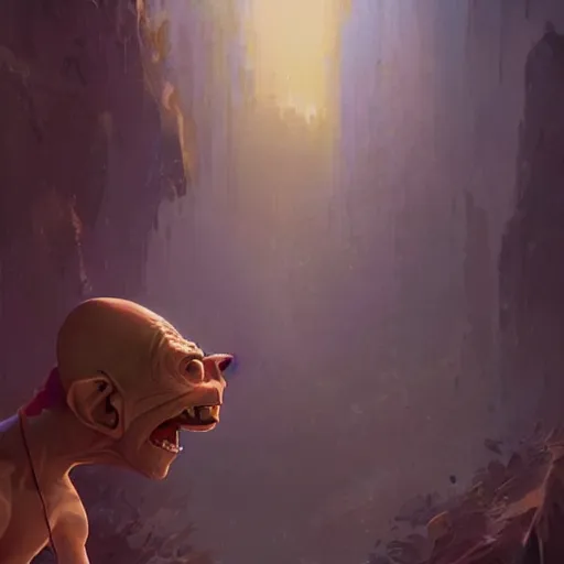 Image similar to a wholesome animation key shot of gollum, colorful, pixar and disney animation, sharp, very detailed, high resolution, key art by greg rutkowski, bloom, dramatic lighting