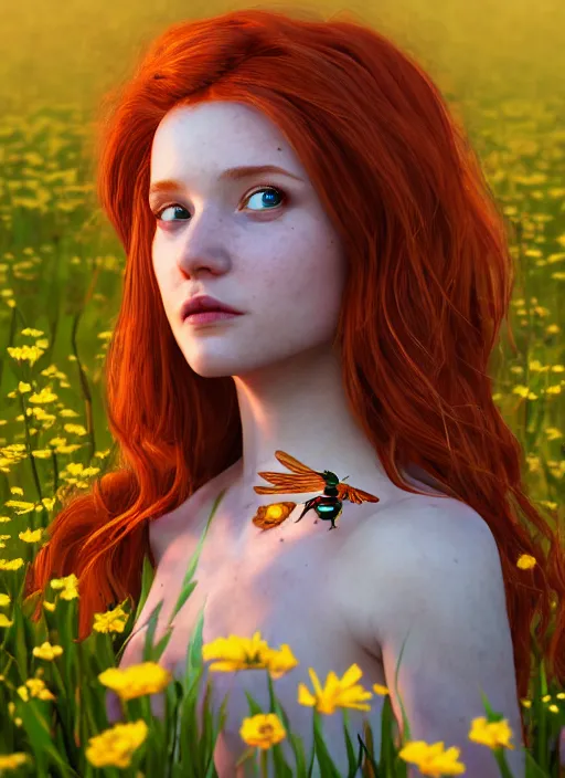 Image similar to An epic fantasy comic book style portrait painting of a young red headed girl with a tiny bright golden bee engraved on her exposed shoulder in a field of flowers , unreal 5, DAZ, hyperrealistic, octane render, cosplay, RPG portrait, dynamic lighting