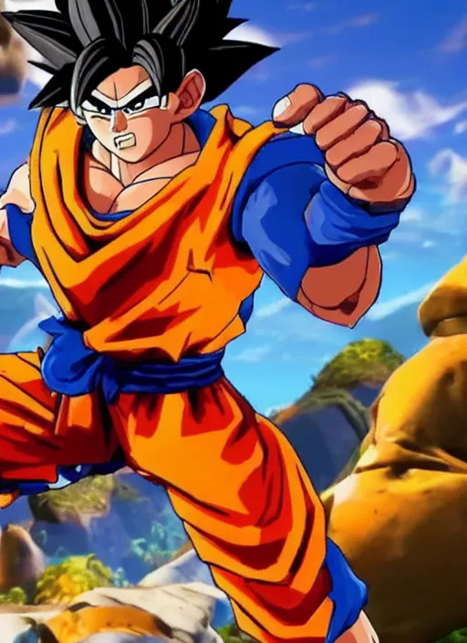 Image similar to game still of a sayan goku as a fortnite skin in fortnite by fortnite, pose.