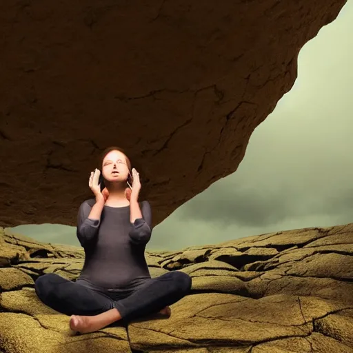 Image similar to Woman sitting under a ginormous rock overhead, partially cupping her hands, gesturing it outward!!!!! to the camera!!!!!, in a rainy environment, fisheye!!!!! lens!!!!!, rainy and wet atmosphere, closeup, dark and grim lighting, trending on artstation, 4k, 8k