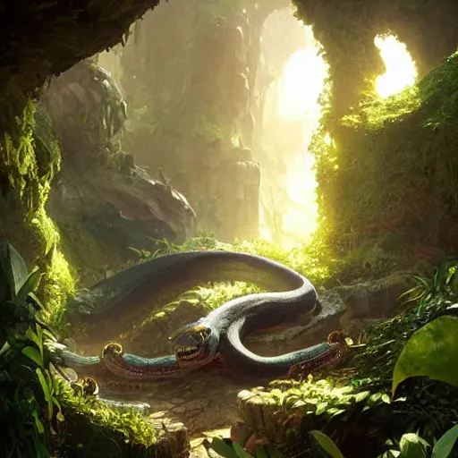 Prompt: Giant snake resting in a cave, natural light, lush plants and flowers, elegant, intricate, fantasy, atmospheric lighting, by Greg rutkowski, league of legends splash art