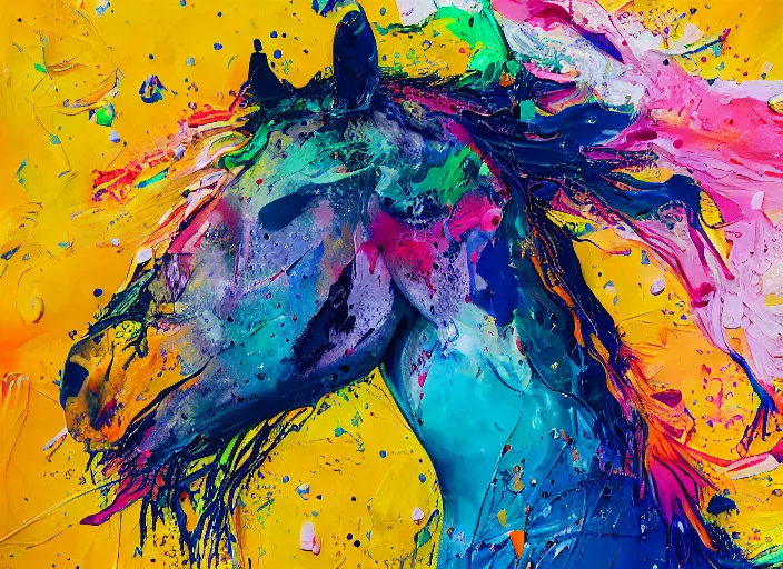 Prompt: abstract expressionist mid shot portrait of a horse made of very thick impasto paint and acrylic pour and coloured powder explosion and splashing paint and dripping paint and flying paint chunks, eyes closed or not visible, expressing strong emotions, art by antony micallef, motion blur, hyperrealistic, intricate art photography, anatomically correct, realistic crisp textures, 1 6 k