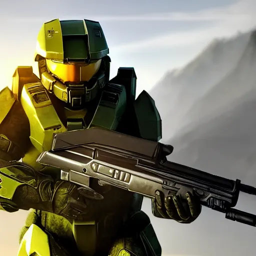 Image similar to Master Chief from Halo at a firing range with an AK-47, cinematic lighting, shot on iPhone, photorealism,