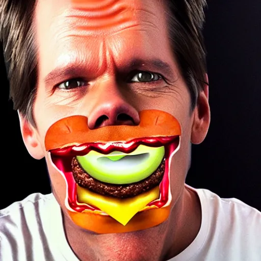 Image similar to kevin bacon face wrapped inside a cheeseburger