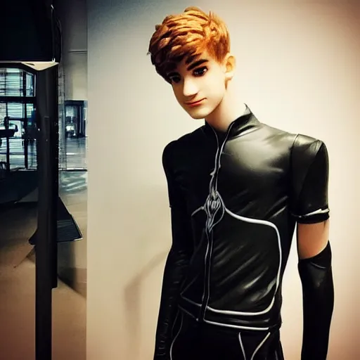 Image similar to “a realistic detailed photo of a guy who is an attractive humanoid who is half robot and half humanoid, who is a male android, twitch streamer Ninja Tyler Blevins, shiny skin, posing like a statue, blank stare”