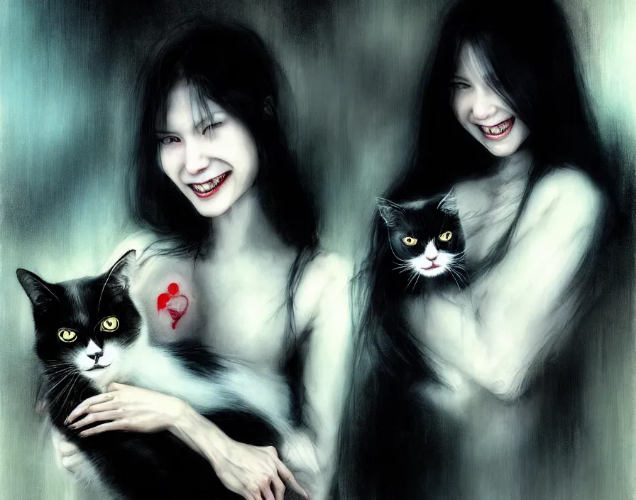 Image similar to portrait of the secretive vampire woman biker loner smiling at her cat, by yoshitaka amano, casey baugh, steve caldwell, gottfried helnwein, yasunari ikenaga, nico tanigawa, and artgerm rendered with 3 d effect.