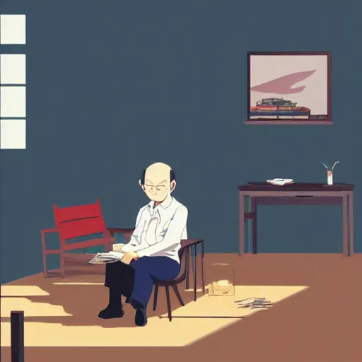 Image similar to old balding japanese man with white shirt, sitting on a chair and reading newspaper while looking at the ceiling of his room by studio ghibli, fujita goro, atey ghailan, tom whalen, jean giraud