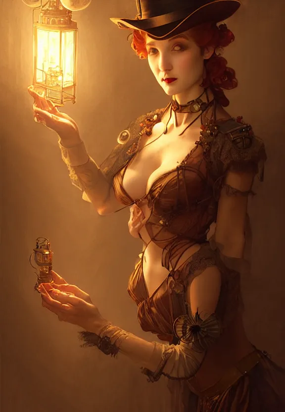 Image similar to steampunk actress preparing for a show at the smoky backstage, mirror, chinese lanterns, smoke, fantasy magic, dark light night, intricate, elegant, sharp focus, illustration, highly detailed, digital painting, concept art, matte, art by wlop and artgerm and greg rutkowski and alphonse mucha, masterpiece