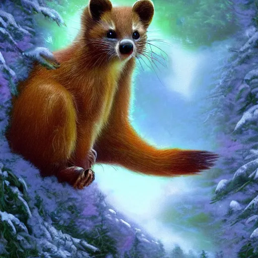 Prompt: magical pine marten, art by Thomas Kinkade, digital art, trending on artstation, 4k, vivid colors