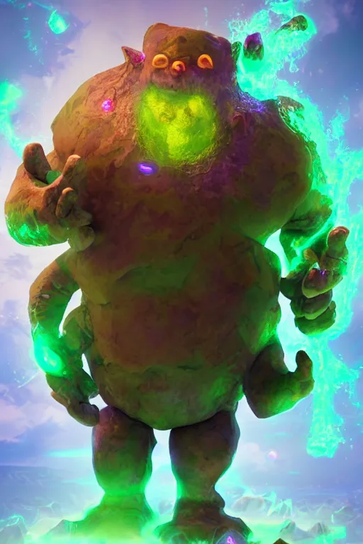 Image similar to arcane fantasy art giant golem elemental wood rock bastion forged gemstone enchanted forest troll, global illumination ray tracing hdr fanart arstation by sung choi and eric pfeiffer and gabriel garza and casper konefal lisa frank zbrush central hardmesh radiating a glowing aura