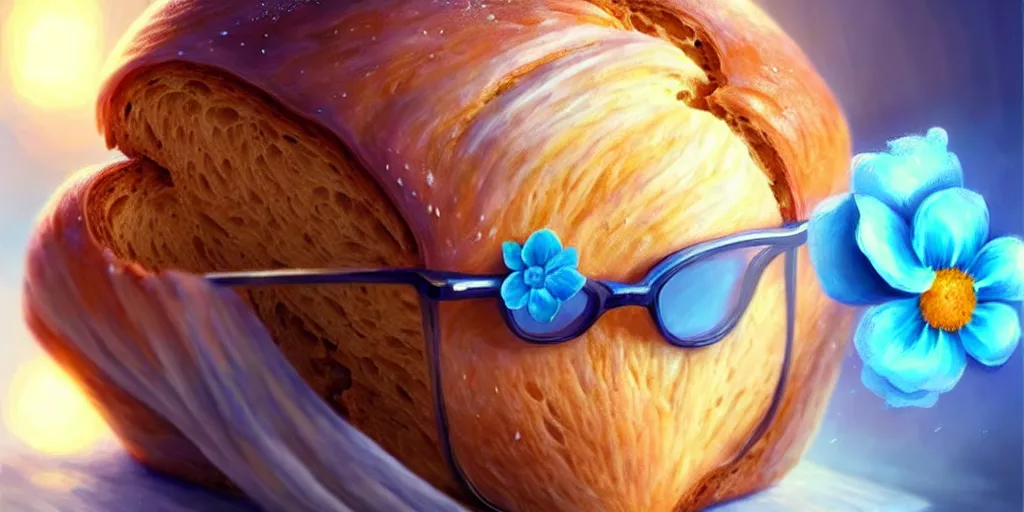 Image similar to epic professional digital art of a bread!!!!! toast!!!! wearing 👓 and a blue flower, best on artstation, cgsociety, wlop, cosmic, epic, stunning, much detail, much wow, masterpiece, backlight