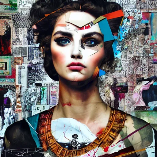 Prompt: Roman Goddess, contemporary collage, highly detailed, digital painting, 4k, HDR, punk, fashion, smooth, sharp focus, art by Sandra Chevrier and John Hoyland