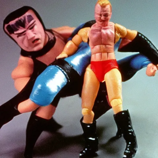 Image similar to WCW sting wrestling action figures fighting in abandoned dollhouse