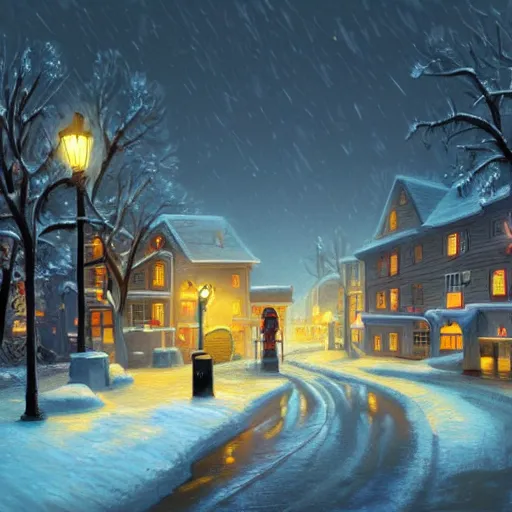 Image similar to town inspired by Evgeny Lushpin,winter,nighttime,post box,cinematic,art station