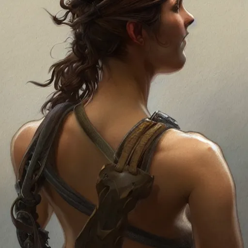 Image similar to back portrait of a rugged female ranger, full body, hairy torso, D&D, fantasy, intricate, elegant, highly detailed, digital painting, artstation, concept art, matte, sharp focus, illustration, art by Artgerm and Greg Rutkowski and Alphonse Mucha