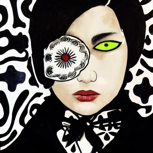 Prompt: Yoshitaka Amano style portrait of an mexican mariachi girl with short white hair and eyepatch wearing suit with patterns, abstract black and white background, film grain effect, highly detailed, oil painting