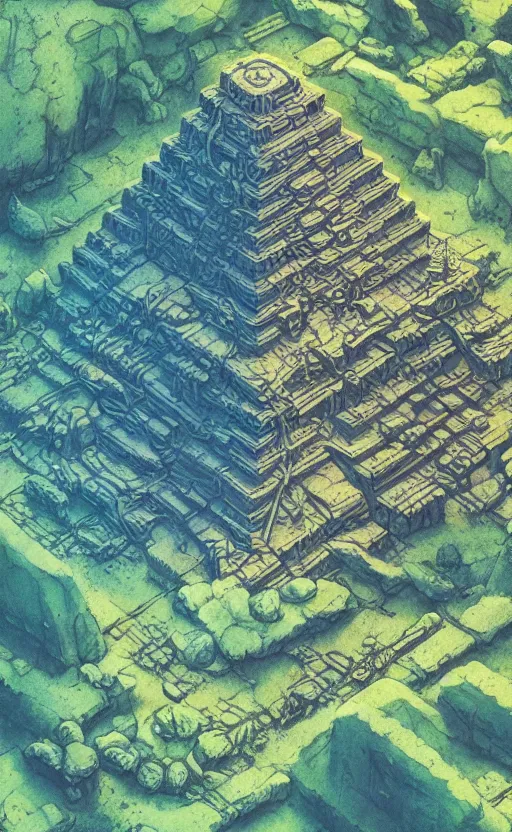 Image similar to a mayan temple, microscopic tardigrade, microbiology, flat, ruins, civilization, vegetation, large leaves, futuristic, sharp focus, electric swirls, backlight, risograph, intricate details, disney pixar, james gilleard, moebius, print, iridescent, global illumination, anime, game art