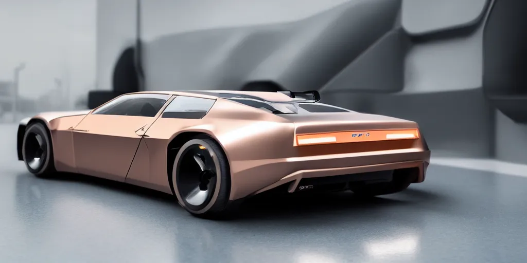 Image similar to a design of a futuristic DMC Delorian, designed by Polestar, blade runner background, back view, light copper car paint, black windows, sportscar, black show room, dramatic lighting, octane rendering, unreal engine rendering, hyper realistic render, depth of field, octane rendering