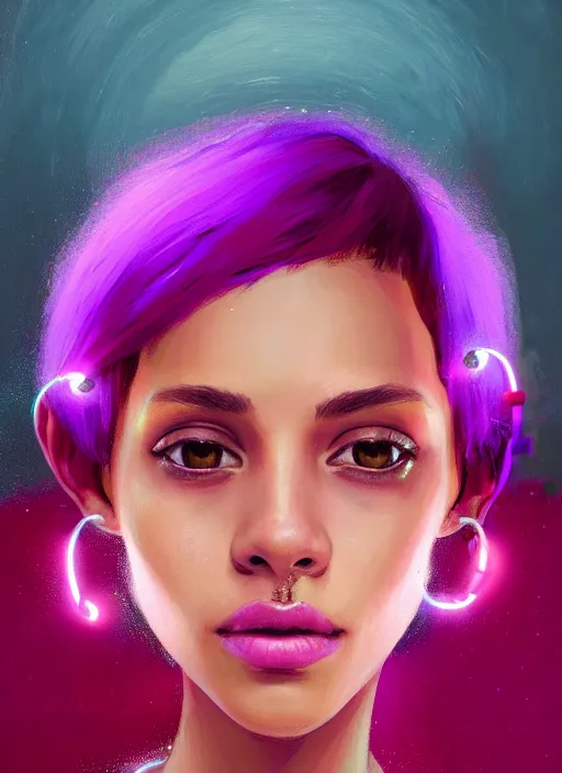 Image similar to portrait of teenage vanessa morgan with bright pink hair, curly pixie cut hair, wearing a purple breton cap, breton cap, hoop earrings, intricate, elegant, glowing lights, highly detailed, digital painting, artstation, concept art, smooth, sharp focus, illustration, art by wlop, mars ravelo and greg rutkowski