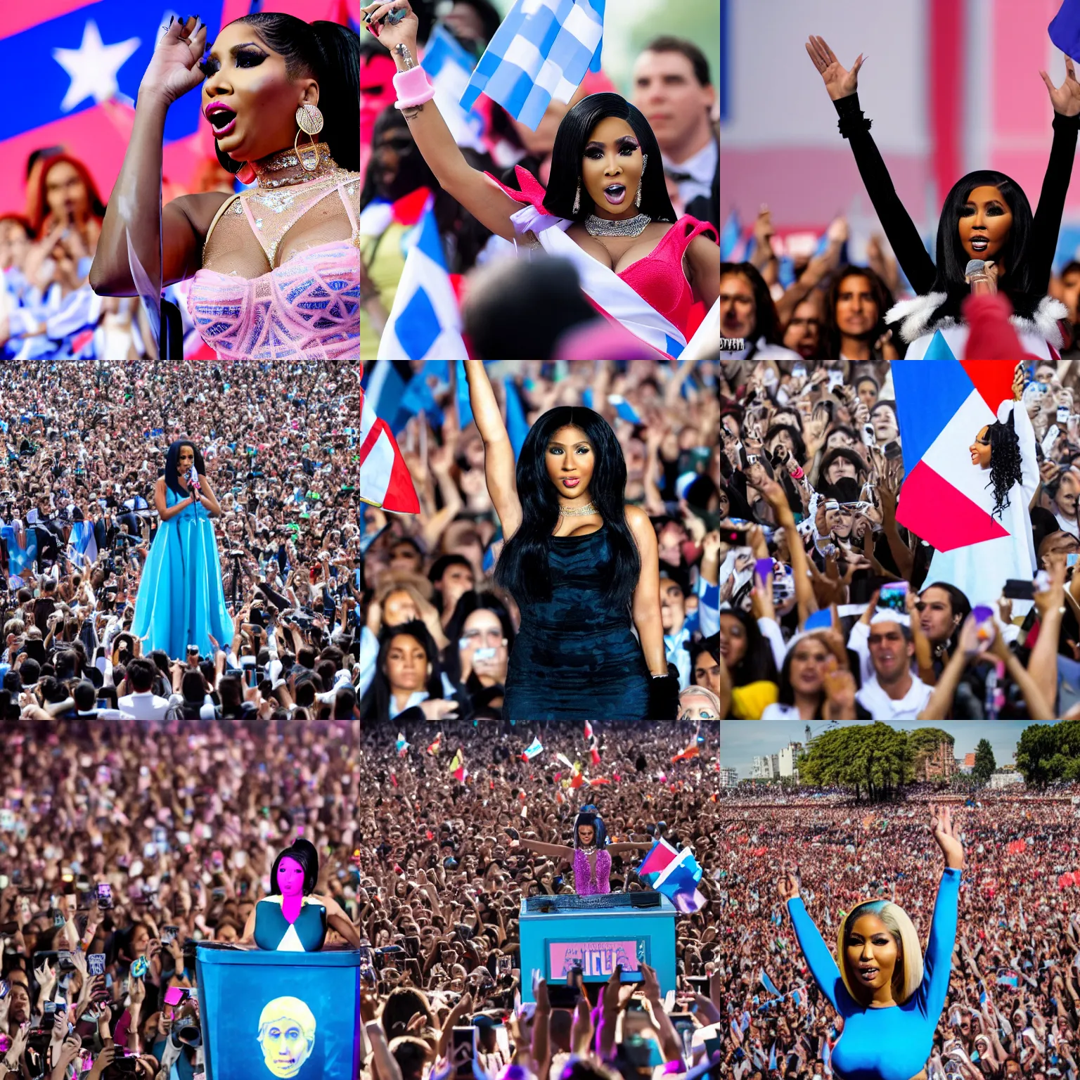 Prompt: Detailed Nicki Minaj giving a speech in Argentina as Cristina Kirchner, crowd waving Argentine flags, 100mm, hd image